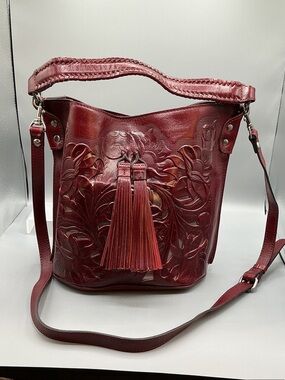 Patricia Nash Womens Bag Otavia Leather Bucket Crossbody Wine & Metallic Western